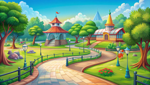 generate a picture of a cartoon path along the park and next to the zoo building, so that the road goes from left to right