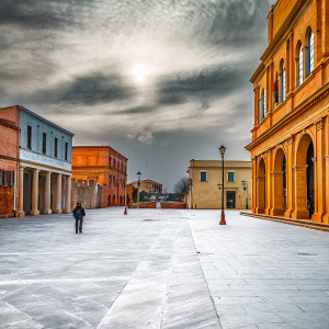 A surreal painting of an empty town square by Giorgio de Chirico. The scene is bizarre and dreamlike.