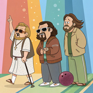 Cartoon illustrations of Walter Sobchak, Donny, and Jesus Quintana from 'The Big Lebowski'. Bright, colorful backdrop.