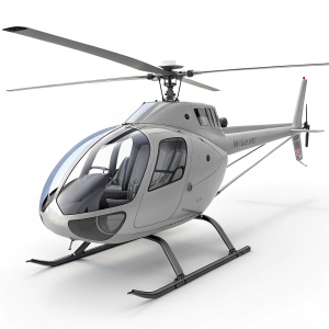 Modern Gray Guimbal Cabri G2 helicopter. Digital 3D model with sleek aerodynamic body and cockpit area. Rotor on top, landing skids at bottom. Monochromatic gray on white background