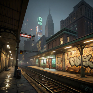 Illustration of a dimly lit subway station from The Unspoken VR game. Old-fashioned architecture with modern graffiti. Tall buildings and neon signs in the background.