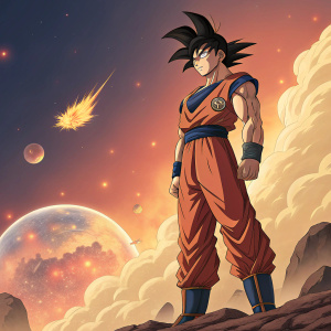 Goku from Dragon Ball Z. Standing in a dramatic pose. Background features a fiery sky and exploding planet.