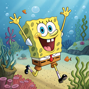 SpongeBob SquarePants in Bikini Bottom, enthusiastically waving with a wide, white-lined smile.