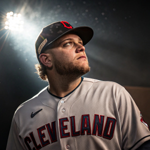 Roberto Perez, baseball player, intense look. Wearing Cleveland Guardians jersey. Dark, abstract background, spotlight effect