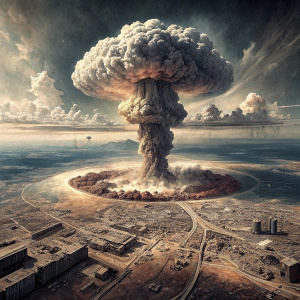 Aerial view of mushroom cloud from atomic bomb over Hiroshima, dense smoke and ash billowing into sky, wide devastation below