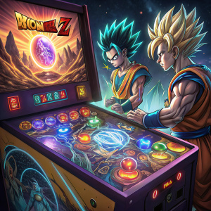 A vibrant illustration of a Dragon Ball Z themed pinball machine. Goku and Vegeta in epic battle poses. Neon lights and futuristic elements.