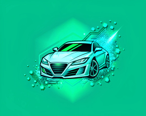 Draw a logo like the hood of a BMW car turns into pixels; draw the combination of a sports car and how its hood turns into pixels and falls apart, turning into code and wires. Make a car in profile, side view