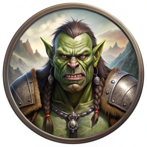 Orc raider dnd character in a token border frame encircle token han draw a white background
