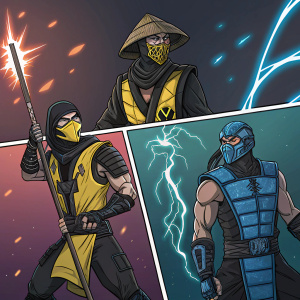 Characters from Mortal Kombat, including Scorpion, Raiden, and Sub-Zero, depicted in a comic-style panel. Each character stands in a combat-ready pose, set against a dark, vibrant background with glowing highlights. They are arranged in a grid formation.