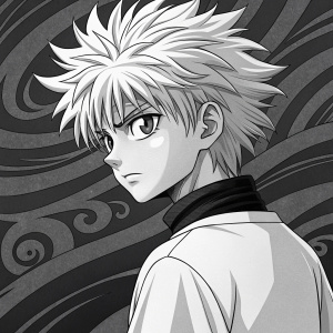 Killua Zoldyck, in a detailed black and white manga illustration. Dark, swirling abstract patterns in the background. Close-up on his face and upper body, highlighting his distinctive hairstyle and facial features.