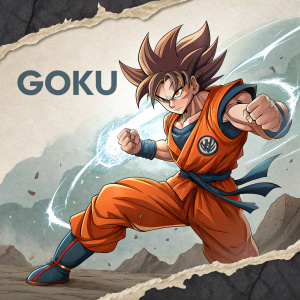 A detailed sketch of Goku, captured mid-fight. Vibrant color palette, torn paper effect, surrounded by text elements highlighting his energy and strength