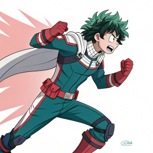 Digital illustration of Midoriya from Boku No Hero Academia, standing hero pose. Dynamic lines, vibrant colors, digital art