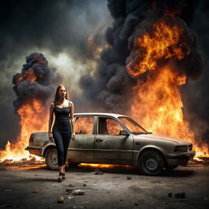 carro destruido  en un fondo negro pero el fondo esta quemandose 