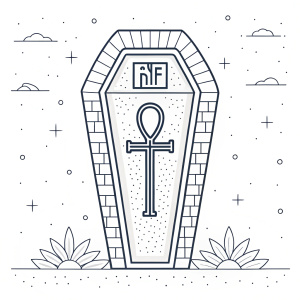 A minimalist line drawing of an Egyptian-themed sarcophagus. It features an ankh symbol on its facade. The ankh represents life and the afterlife in ancient Egypt. The sarcophagus has a textured stone-like surface. Flat design style