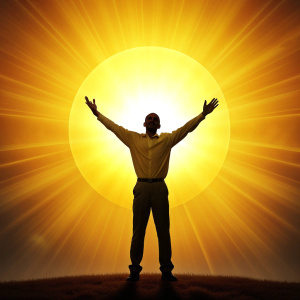 man with open arms infront of the sun