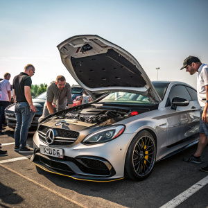 A detailed image of the Mercedes-AMG C63 S Edition 1 with the engine bay exposed. A group of enthusiasts are gathered around, examining the car's intricate mechanics.