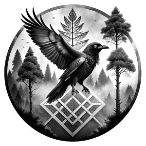 Yggdrasil vegvisir runes  geometric Symbols - raven and trees - perfect realistic art, high-definition, high-definition grey and black, white background 