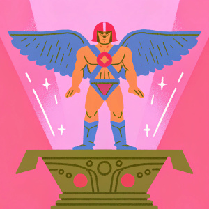 He-Man character Stratos, with muscular physique, red helmet, and expansive wings, positioned on an intricately designed pedestal. The setting is an illuminated, futuristic stage with minimalistic decor.