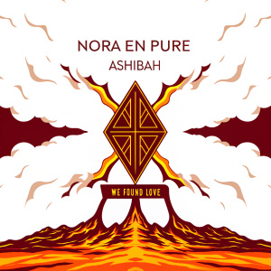 Digital artwork featuring Nora En Pure and Ashibah's 'We Found Love' album cover. Centered, an elaborate logo stands out. Vibrant, multi-colored background resembling a kaleidoscope. Dominated by shades of blue, purple, and varying tones. Futuristic and surreal design.