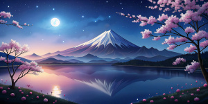 paisaje nocturno con la luna, el  monte fuji con un lago y ramas de cerezo 