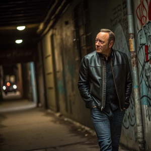 Kevin Spacey walking through a dimly lit alleyway. Wearing a black leather jacket and jeans. Surrounded by graffiti-covered walls.