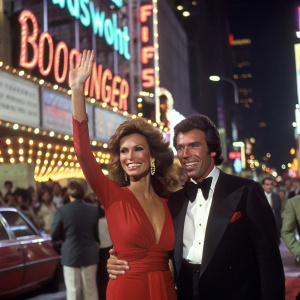 Raquel Welch and Richard Palmer at the premiere of 'Bowfinger'. Neon-lit cityscape backdrop, vibrant and bustling