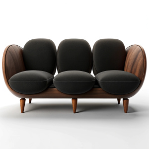 chic modern 3 seats sofa inspired by walnut and black wood in mix of minimalistic and bauhaus style 