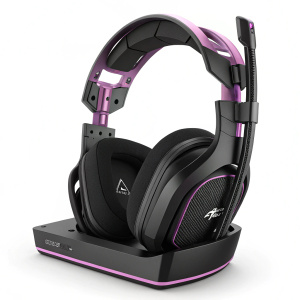 Astro A50 wireless gaming headset. Black and pink color scheme, sleek and modern design. Sturdy headband and adjustable ear cups. Oval-shaped base with white and purple accents.