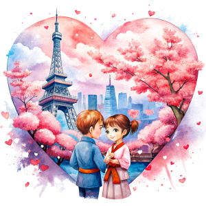 valentine,pink,liberty hold heart,white background,couple kids,kimono,tokyo tower