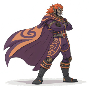 Masculine character Ganondorf, determined and intense expression. Purple and orange color palette. Dark swirling patterns on his attire. Confident and assertive pose.