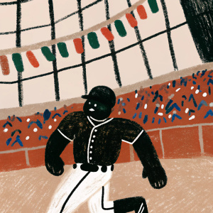 Trayce Thompson, wearing a Los Angeles Dodgers jersey, sprinting in an indoor sports hall. The hall is filled with excited fans and banners