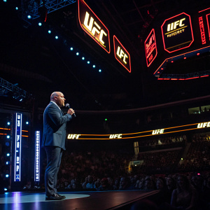 Dana White, in a suit, addressing a crowd at the UFC Hall of Fame induction ceremony. The arena is dimly lit with neon UFC signs