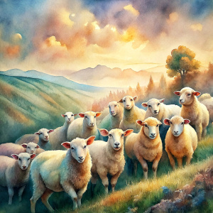 Vintage Old, Watercolor Soft Colors, Landscape Flock of Lambs