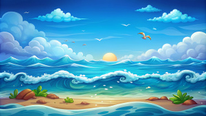 


open ocean, waves sky sun birds cartoon style Background for a children's game.