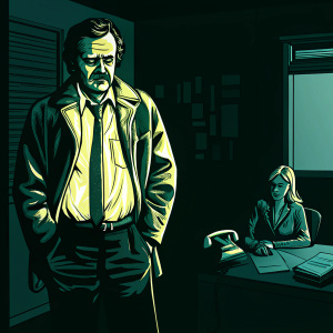 Robert Prosky as Sgt. Stan Jablonski in Hill Street Blues. Intense scene in a dimly lit police station office with a blonde woman in background