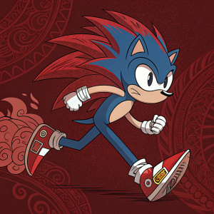 Promotional artwork for Sonic Adventure. Sonic the Hedgehog, the cheetah-like character, displayed in dynamic action pose. Dark red background with detailed patterns. Bold, cartoonish design with dramatic elements.