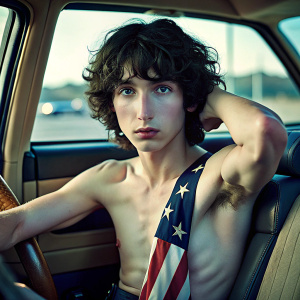 Finn Wolfhard, shirtless, backseat of the car, summer, hands behind his neck, sweaty, feet up, police officer costume, by Nick Knight, american flag