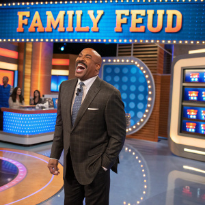 Steve Harvey laughing on a vibrant set. The energetic 'Family Feud' studio, filled with colorful props and signage