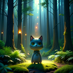 A ray of light in the forest shines on a figurine cat