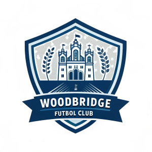 Woodbridge Futbol Club logo design. Modern, symmetrical emblem featuring shield shape and detailed architecture. State silhouette integrated with blue and white hues. Text in banner style, conveying identity and community pride.