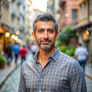 Handsome, beardless turkish man in his 40s. He broke his hair. istanbul background