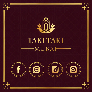 Sophisticated design for Taki Taki Mumbai. Dark maroon background with gleaming gold social media logos.