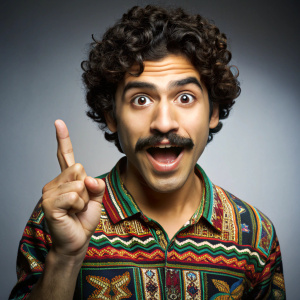 Pedro mexicano adulto joven con bigote BIEN MARCADO, rulos cortos y un sobrerito mexicano, muy nerd, con el dedo indice de una mano arriba demostrando conocimiento(mano debe mirar al frente), la otra mano reposada. con dientes muy grandes sobresaliendo de la boca