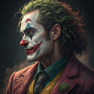Render of Joaquin Phoenix as Joker. Close-up, vibrant makeup and hairstyle. Dark background