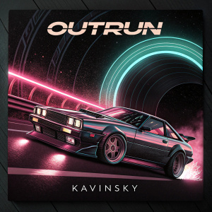 Album artwork for 'Outrun' by Kavinsky. The front cover depicts a stylish, high-tech car speeding through a neon-lit tunnel. The black background highlights the glowing car and intricate design details.