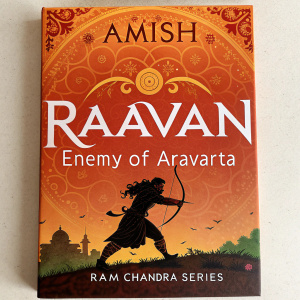 Cover of 'Raavan: Enemy of Aravarta' by Amish. Vibrant orange background with intricate dark illustration of Raavan, an ancient Indian demon-like character. Detailed title and author's name prominently displayed. Part of the Ram Chandra Series set in 4th century BCE. Dramatic and vivid illustration style.