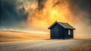 a Swedish wooden hut in a lonely landscape , very minimalistic, black background, foggy and stormy weather , style minimalistic , realistic style , wide angel photography