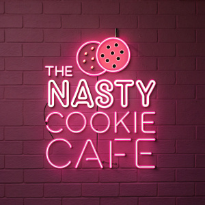 The Nasty Cookie Cafe logo. Neon pink background. Bold, modern font.