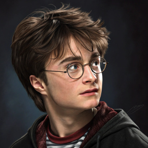 A vivid charcoal portrait of Daniel Radcliffe as Harry Potter, showing tousled brown hair and glasses. Dark studio background