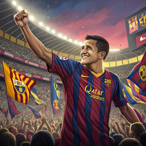 Alexis Sánchez, dressed in a vibrant FC Barcelona jersey with Nike logo, standing confidently in a crowded stadium during a celebration event.
